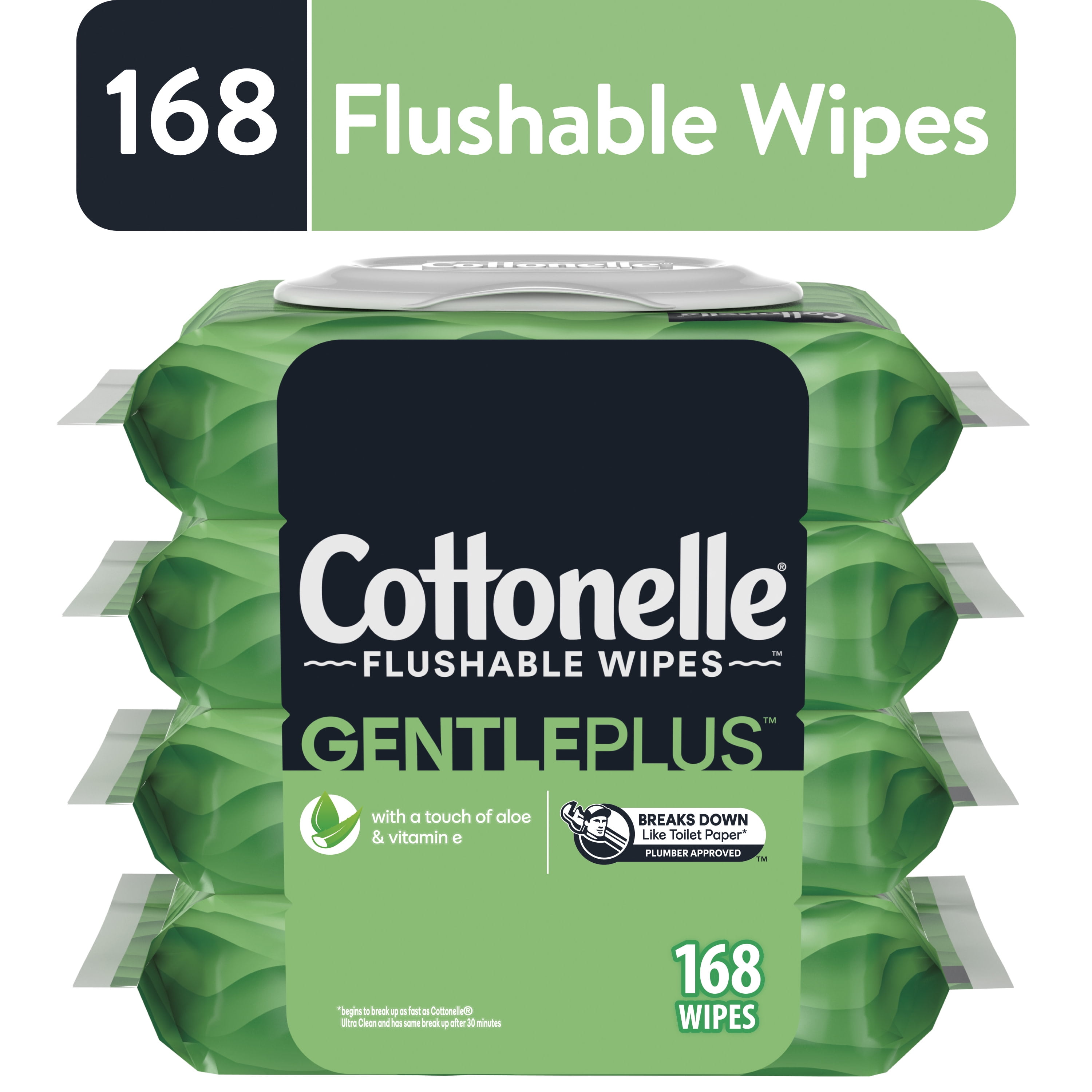 Cottonelle GentlePlus, 4 Flip-Top Packs, 42 Wipes per Pack (168 Total Flushable Wipes)