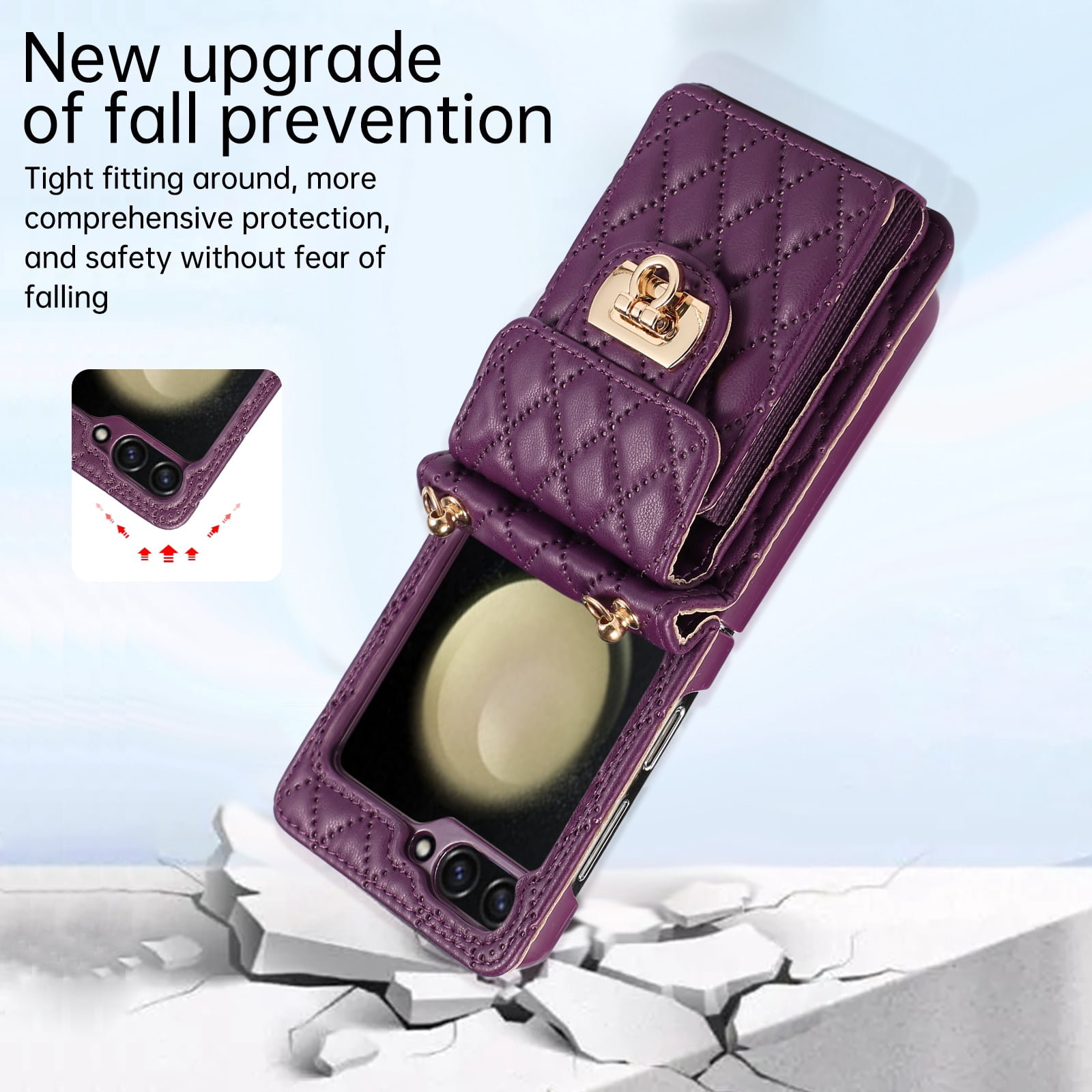 Decase For Samsung Galaxy Z Flip 5 5G Leather Wallet Case, PU Leather Shockproof Case with Crossbody Strap, Back Built in Stand Wallet Credit Card Holder Slots Phone Cover,Deep Purple