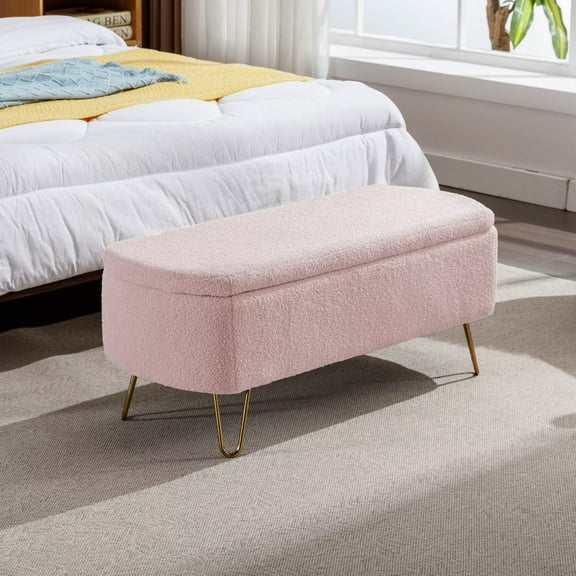 Storage Ottoman Bench, End of Bed Upholstered Padded Bench with Gold Legs, Modern Faux Fur Entryway Bench, for Living Room Bedroom, Pink