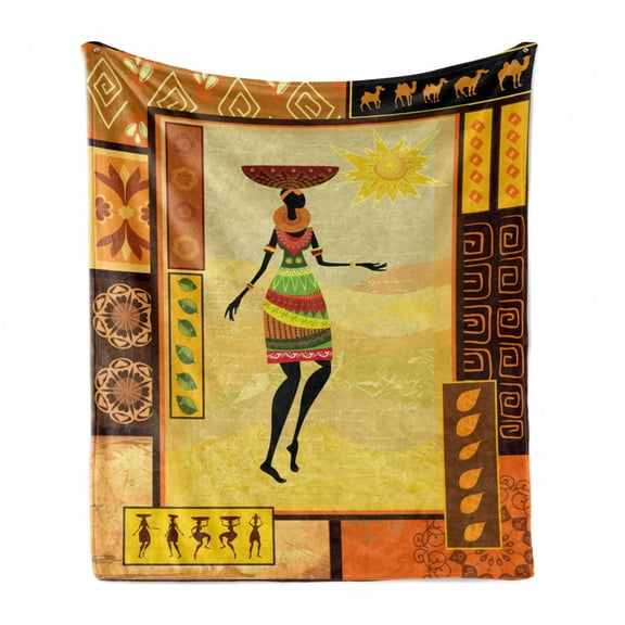 African Soft Flannel Fleece Throw Blanket, Girl Dressed in Under Sun Folk Culture Inspirations, Cozy Plush for Indoor and Outdoor Use, 60" x 80", Multicolor, by Ambesonne