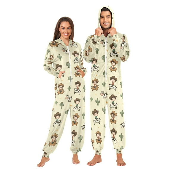 Adult Christmas Onesie Cute Cowboy Adult Zipper One-Piece Pajamas Unisex Pajamas with Pockets