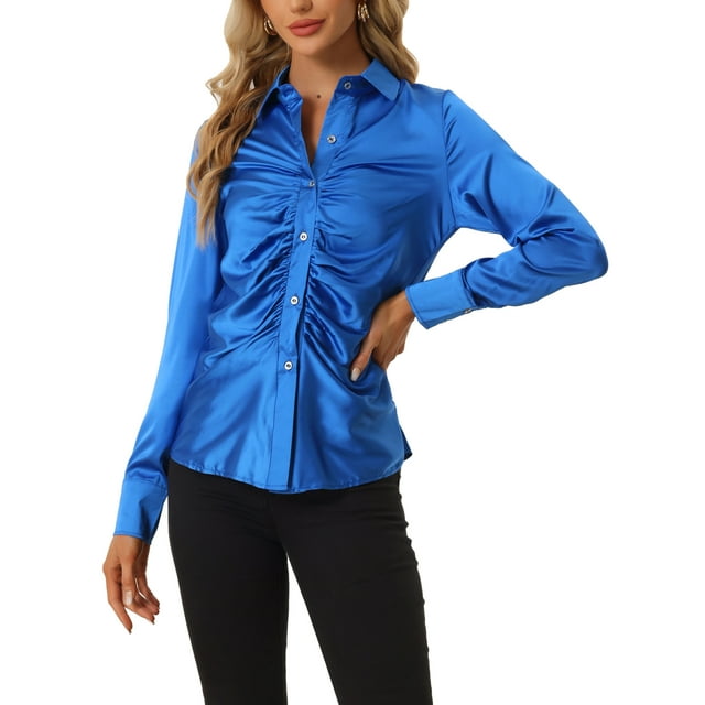 INSPIRE CHIC Blouse en Satin pour Femmes Manches Longues Mode Col Pointu Chemise à Boutons m Bleu