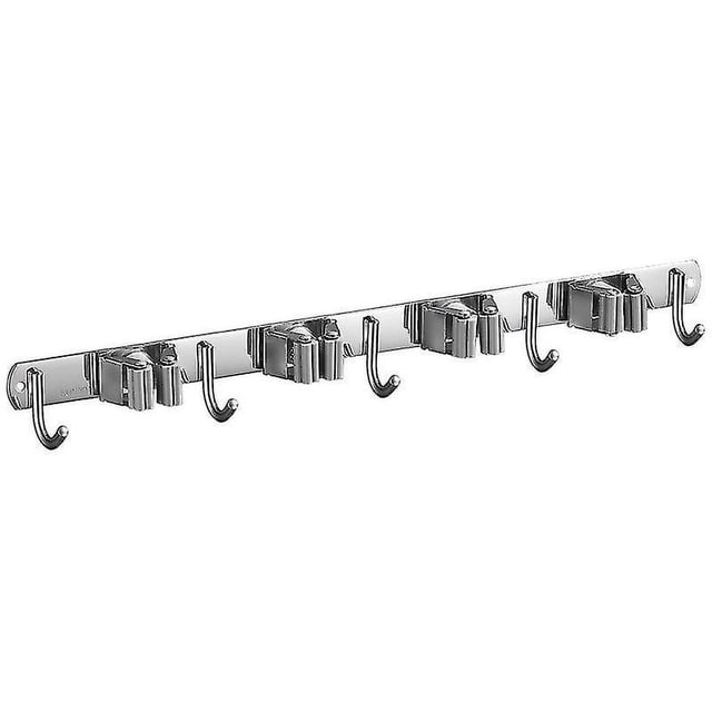 Soporte De Escoba De Pared De Acero Inoxidable Soporte De Escoba De Pared con 4 Ranuras Y 5 Ganchos para Cocina, Baño, Garaje Y Jardín, Gris