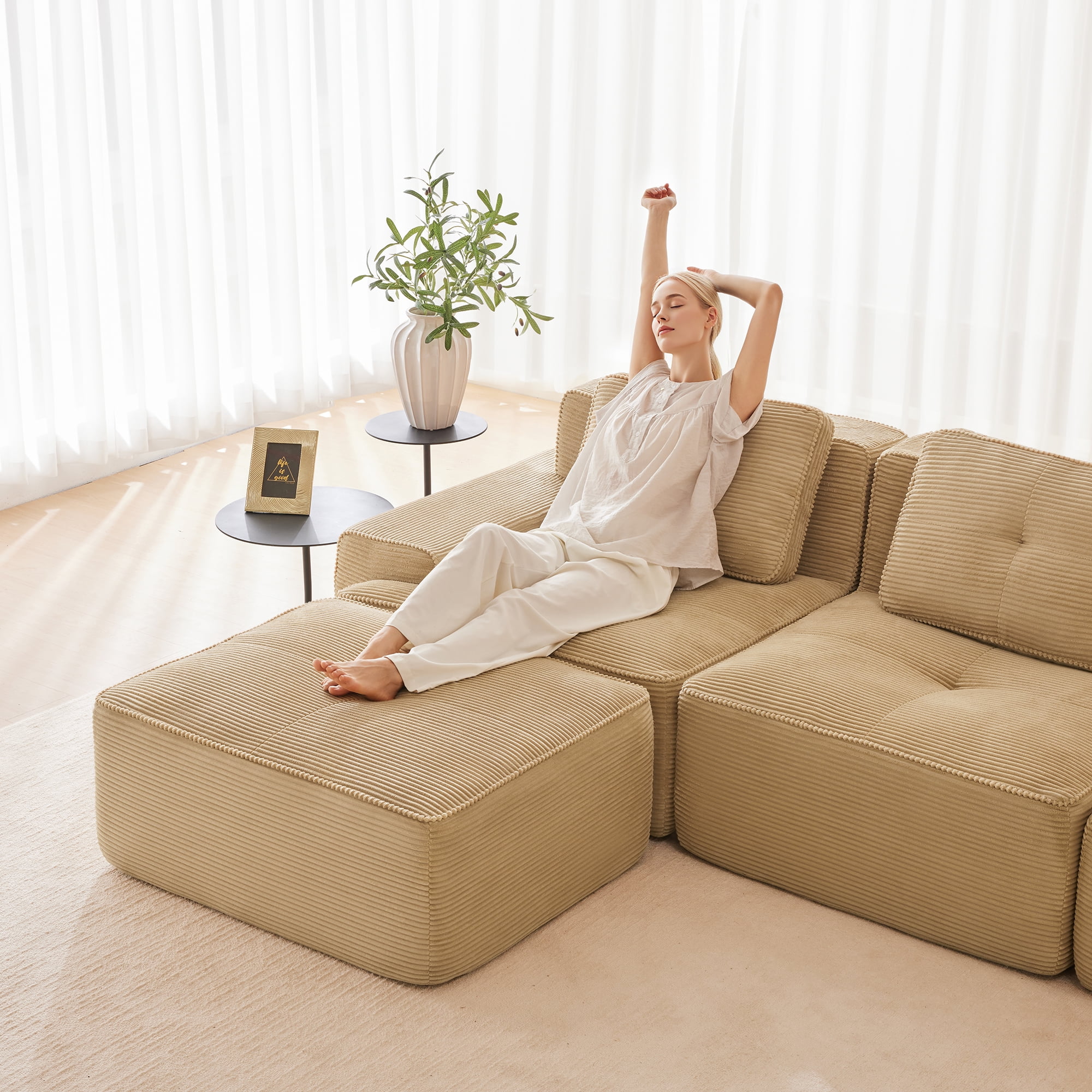 Yoneston 82" L-Shaped Modular Sectional Sofa 2 Seater Couch with Cushions and Ottoman, No Assembly Corduroy Loveseat Sofa for Living Room Bedroom Apartment, Camel