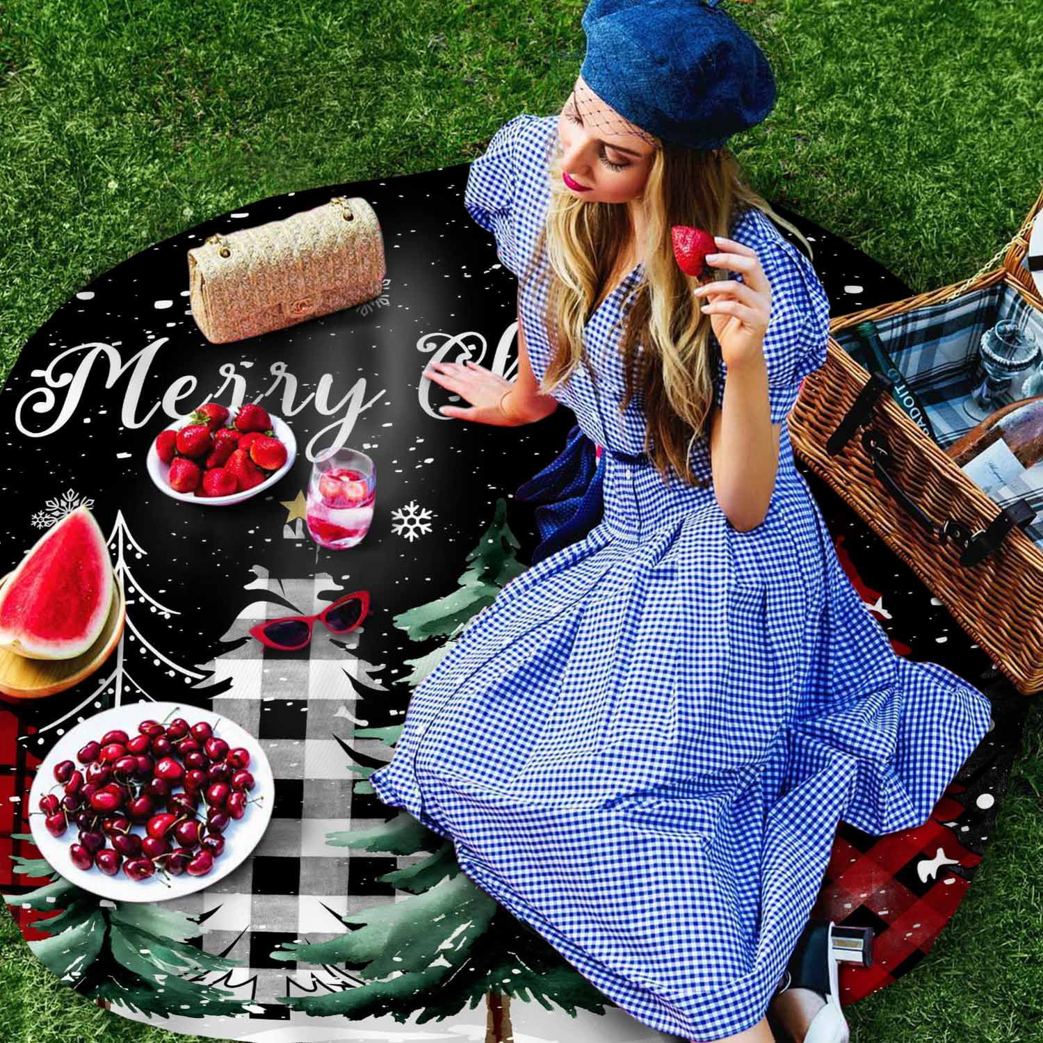 Round Tablecloth Merry Christmas Waterproof Oil Proof Polyester Table Cloth Cover Decor for Home Dining Outdoor,Patio,Parties, 54" Dia. Red Black Buffalo Plaid Christmas Tree Winter