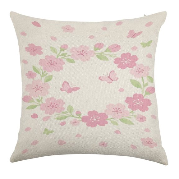 BCIIG Pink Cherry Blossom Wreath With Butterflies Throw Pillow Covers, Waterproof Pillow Covers, Square Linen House Decor Cushion Covers for Home Sofa Bed Couch,