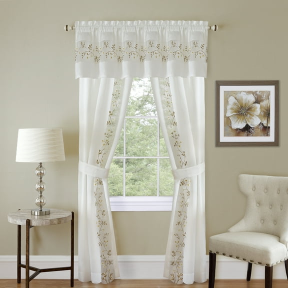 5-Piece Light Filtering Floral Semi-Sheer Window Curtain Set - Includes Split Panels, Valance and Tiebacks: 55" x 63", Rod Pocket Curtain, White