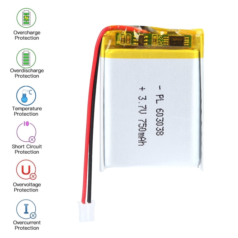 YTKavq 3.7V 750mAh Li-Po Battery - 603038 Rechargeable With 2P PH 2.0mm Connector