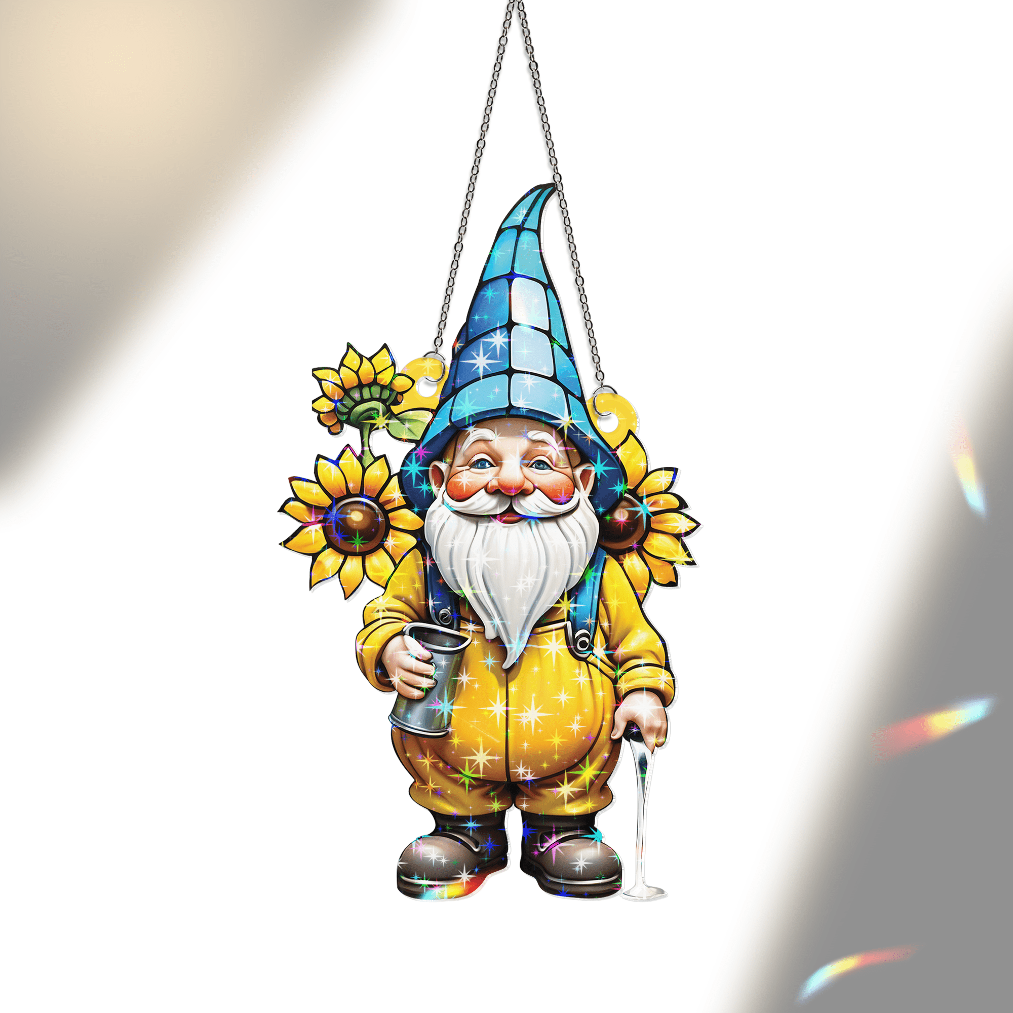 89Bloom Gnome With Sunflower Stained Glass Hologram Ornament, Stained Glass Suncatcher Ornaments Home Decor, Flower Holographic Ornaments
