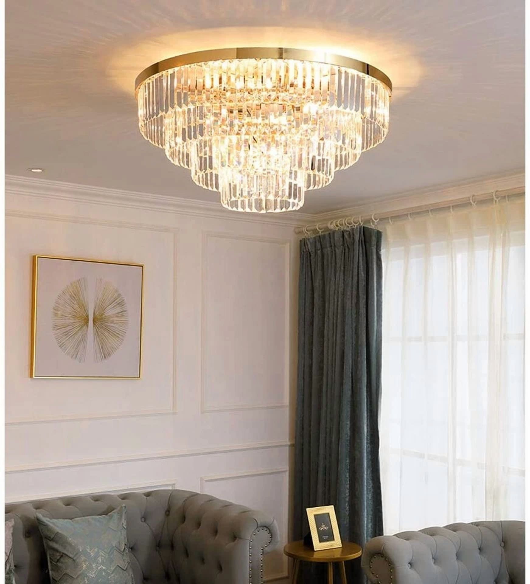 LUOLAX 23.6" Round Postmodern Crystal Flush Mount Ceiling Light  - 4-Tier Transparent K9 Prisms & Gold Iron Finish for Living Room/Bedroom (No Bulbs Included)