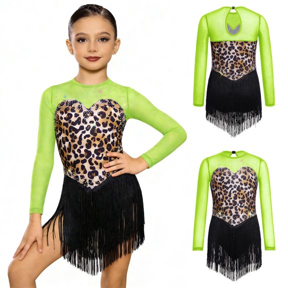 iiniim Girls Fringe Leotard Shiny Rhinestone Tassel Latin Dance Dress Cha Cha Competition Dancewear Fluorescent Green 6