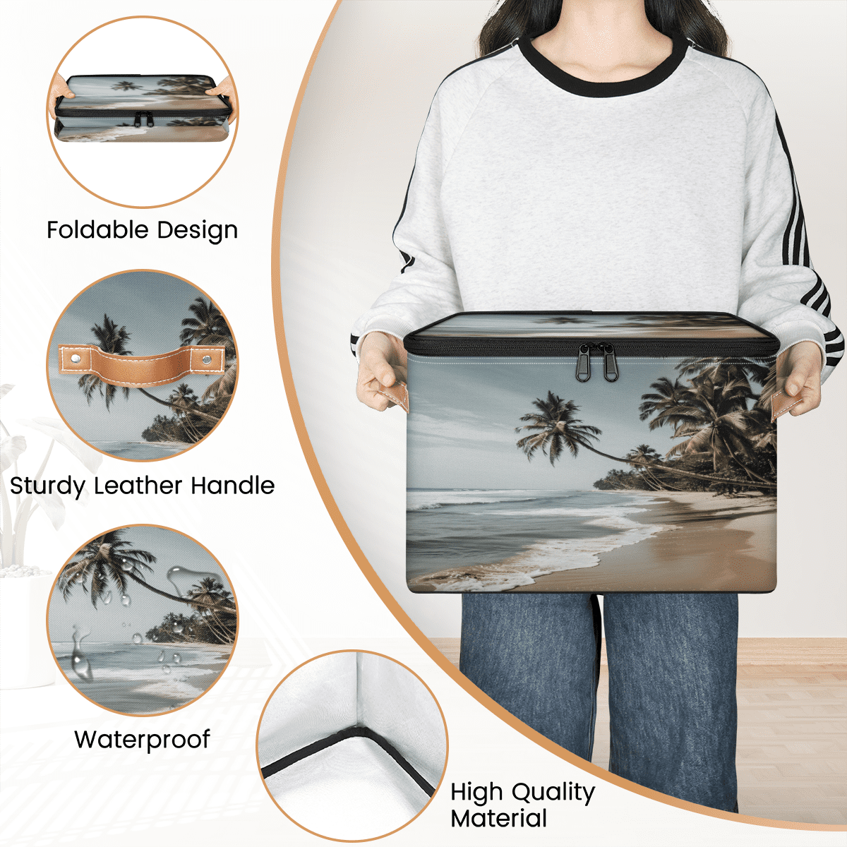 CURLYOOT Beach Fabric Storage Bins with Lids, Hawaiian Palm Trees Foldable Storage Boxes Washable Storage Cube, Closet Bedroom Home Organizer Containers with PU Leather Handles