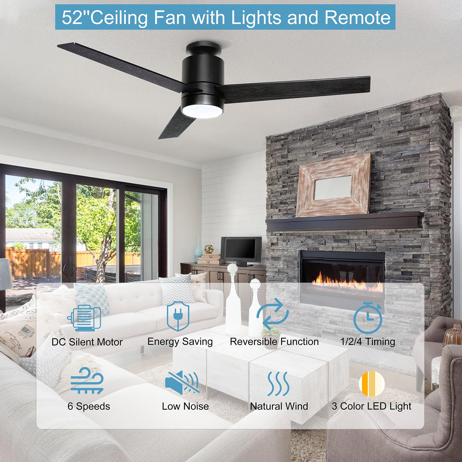 Ohniyou 52 " Flush Mount Ceiling Fans with Light and Remote Low Profile 3 Blades Outdoor Ceiling Fan for Patio Kitchen Bedroom, Black