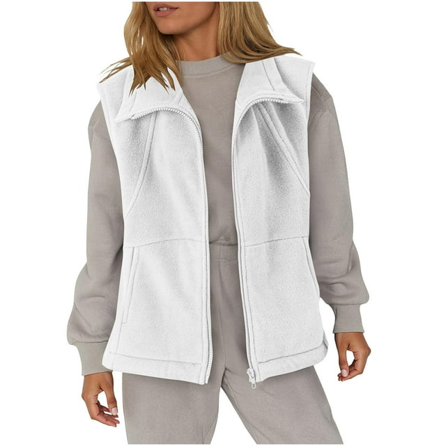 Diufon Gilet en Molleton pour Femmes Léger Sans Manches Col à Revers Fermeture Éclair Complète Vestes Douces d'Hiver Chaudes avec Poches