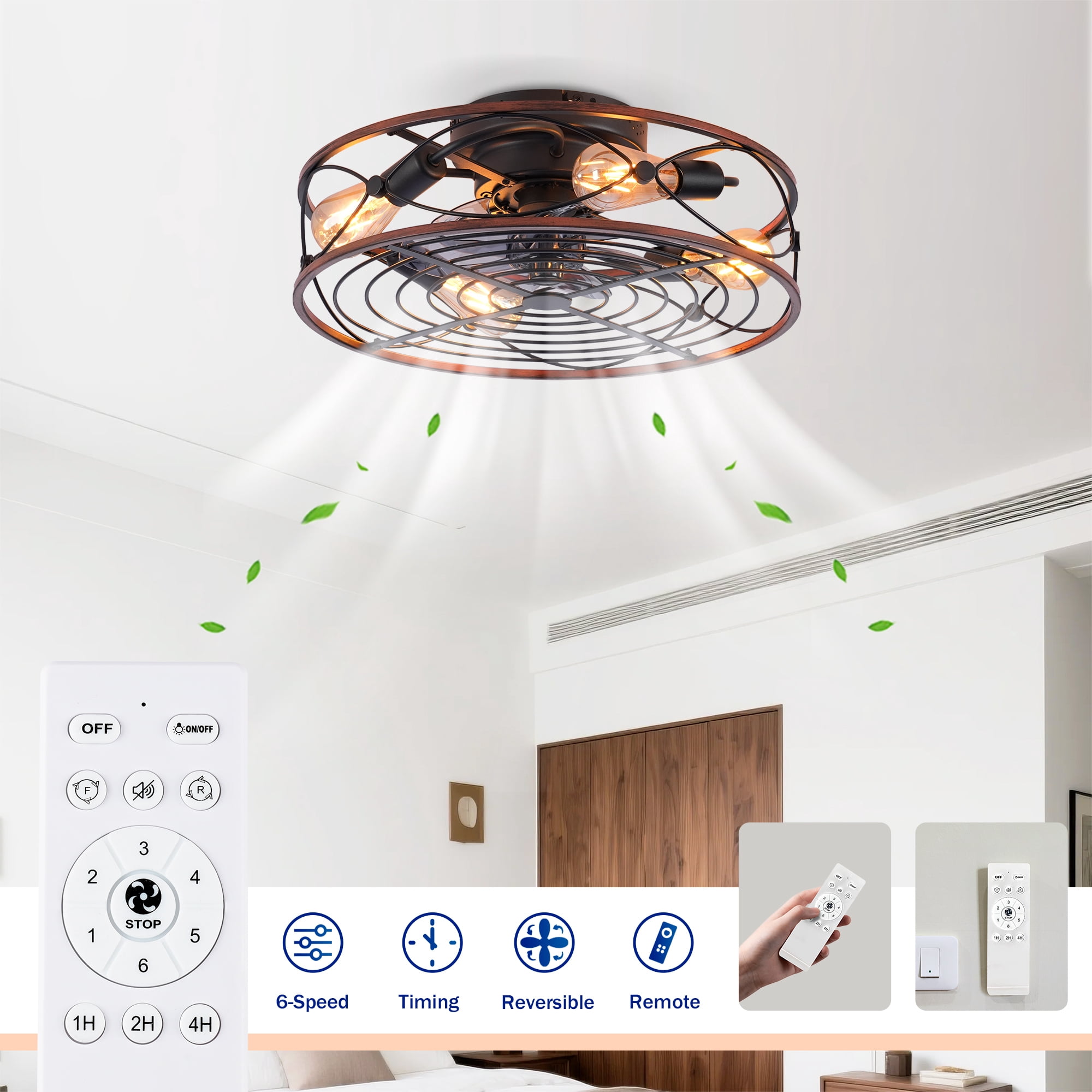 Leumius 20" Caged Ceiling Fan with Lights and Remote Control ,Reversible Motor, DC Remote Control,6 Speed Ceiling Fan for Living Room Bedroom Dining Room (NOT Included Bulbs)