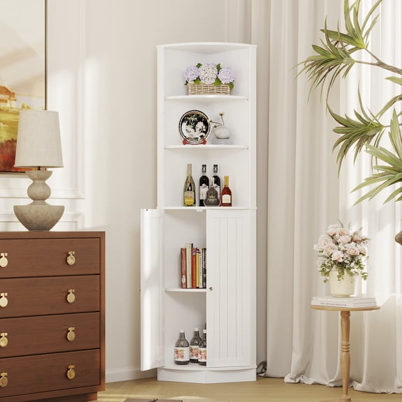 Noble House 67" Tall Corner Cabinet with 2 Doors and Adjustable Shelves, Freestanding Storage Organizer, White