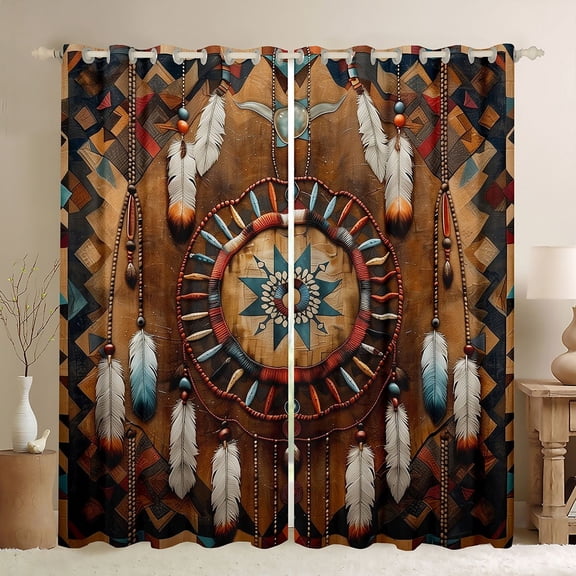 Feelyou Brown Dreamcatcher Black Out Curtains, Hippie Tribal Triangle Curtains Pack of 2 (42x63 Each), Southwestern Style Bedroom Curtains, Curtains and Drapes Room Decor