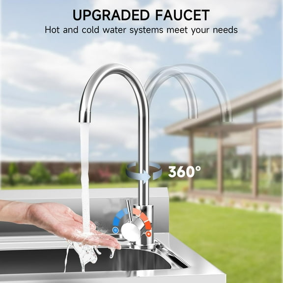 Towallmark Stainless Steel Kitchen Utility Sink – Commercial Free-Standing Single Bowl Workstation with Faucet, Hose, Drain Strainer & Legs for Restaurant, Laundry, Farm, Backyard