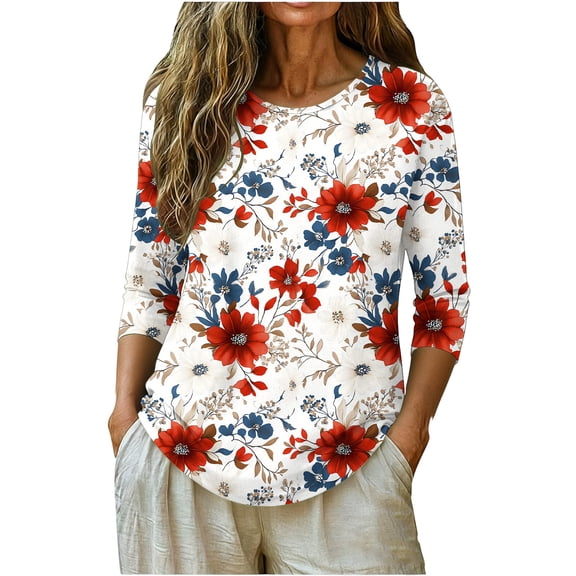 Uootdi Patriotic Tees for Women USA Flag Floral Print 3/4 Sleeve Top Soft Breathable Independence Day Outfits Gift