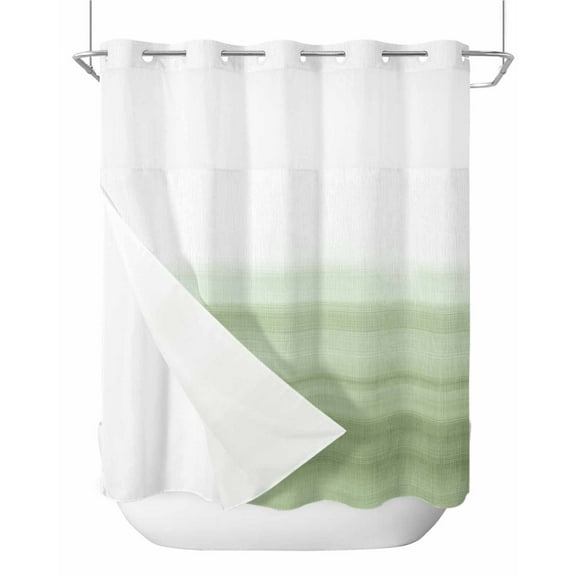 No Hook Shower Curtains, Sage Green White Ombre Long Bathtub Curtains with Snap in Liner, Country Modern Stripes Lines Waterproof Washable Fabric Bathroom Shower Curtain Sets, 72" x 78"