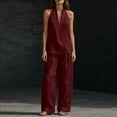 thumbnail image 5 of Womens Linen 2 Piece Sets Fashion Sleeveless V Neck Halter Top Matching Baggy Wide Leg Pants Set Summer Casual Outfits,Wine S, 5 of 8