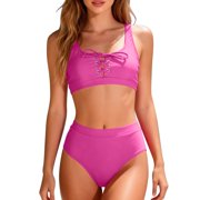 JSGEK Women Vacation Bikini One Color Design Non Wired Support Halter Neck Style Quick Dry Beach Ready Body Confident Pink M