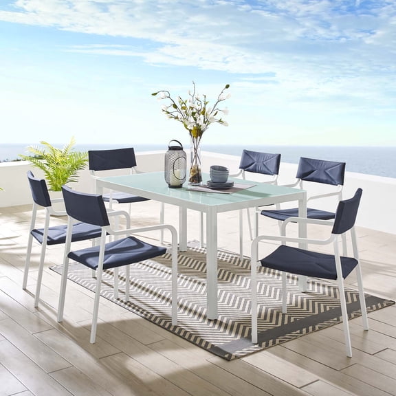 Modway Raleigh 7 Piece Outdoor Patio Aluminum Dining Set in White Navy