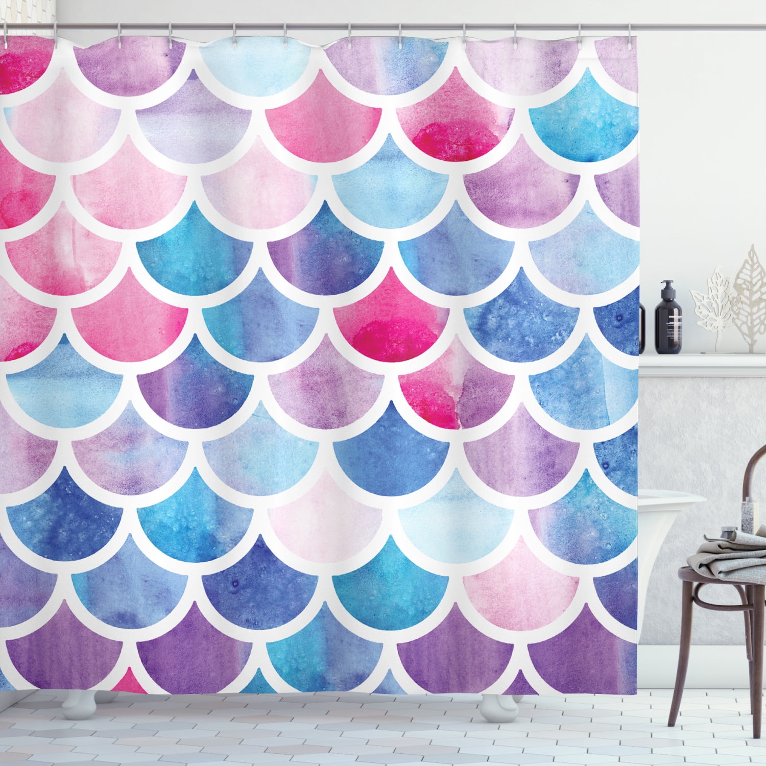Fish Scale Shower Curtain, Circles with Pastel Watercolors Mermaid