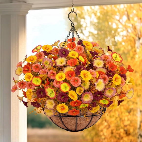 AcerichFad Artificial Fall Hanging Flowers, 12 Pcs Fake Autumn Flowers Faux Silk Plants with Coconut Lining Basket for Autumn Indoor Outside Porch Garden Yard Home Decor