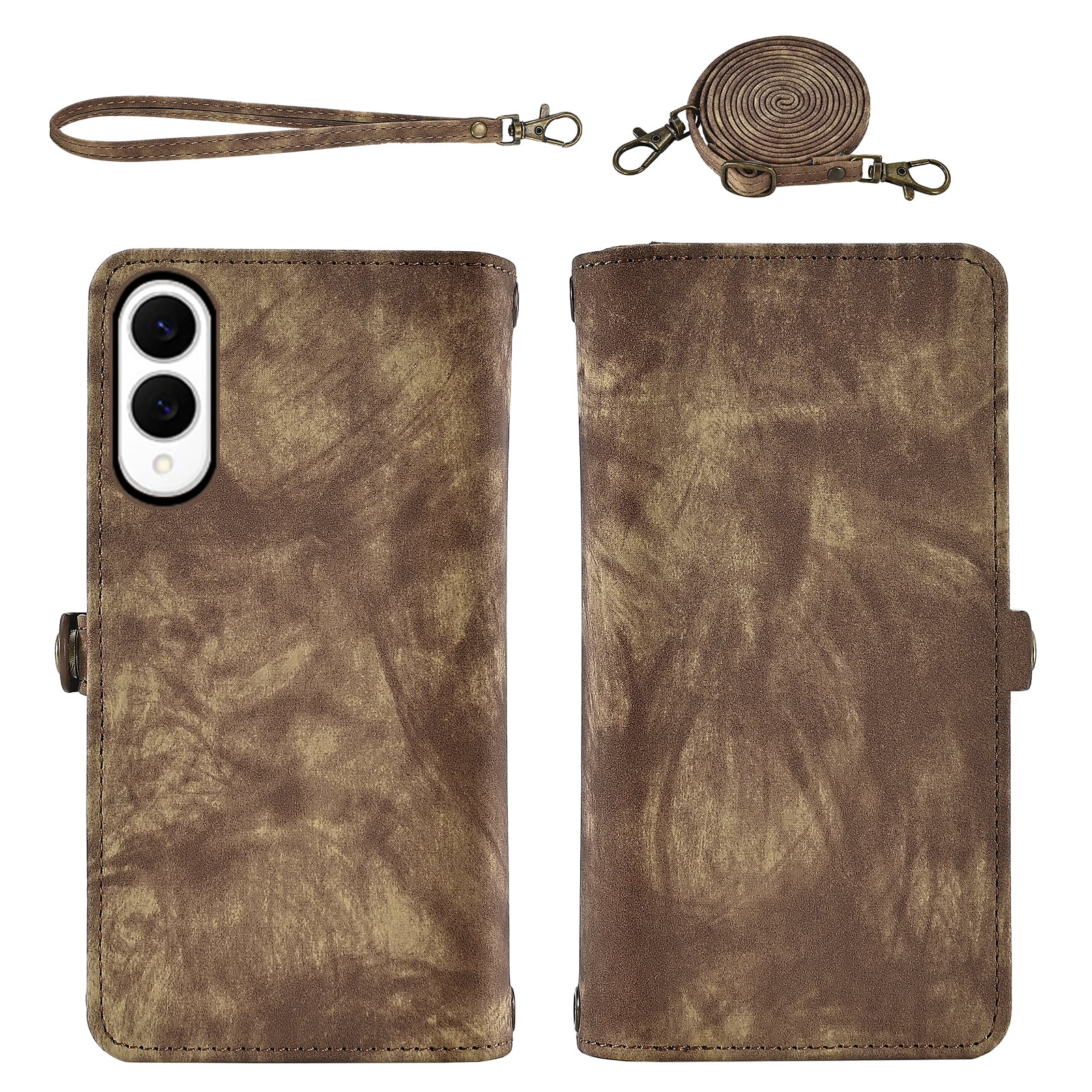 Phone Case for Samsung Galaxy S25 Edge Zipper Wallet Detachable Cell Cover with Tempered Glass Screen Protector Crossbody Lanyard Strap Flip Card Holder Slot S25Edge 25S S 25 25Edge Women Brown