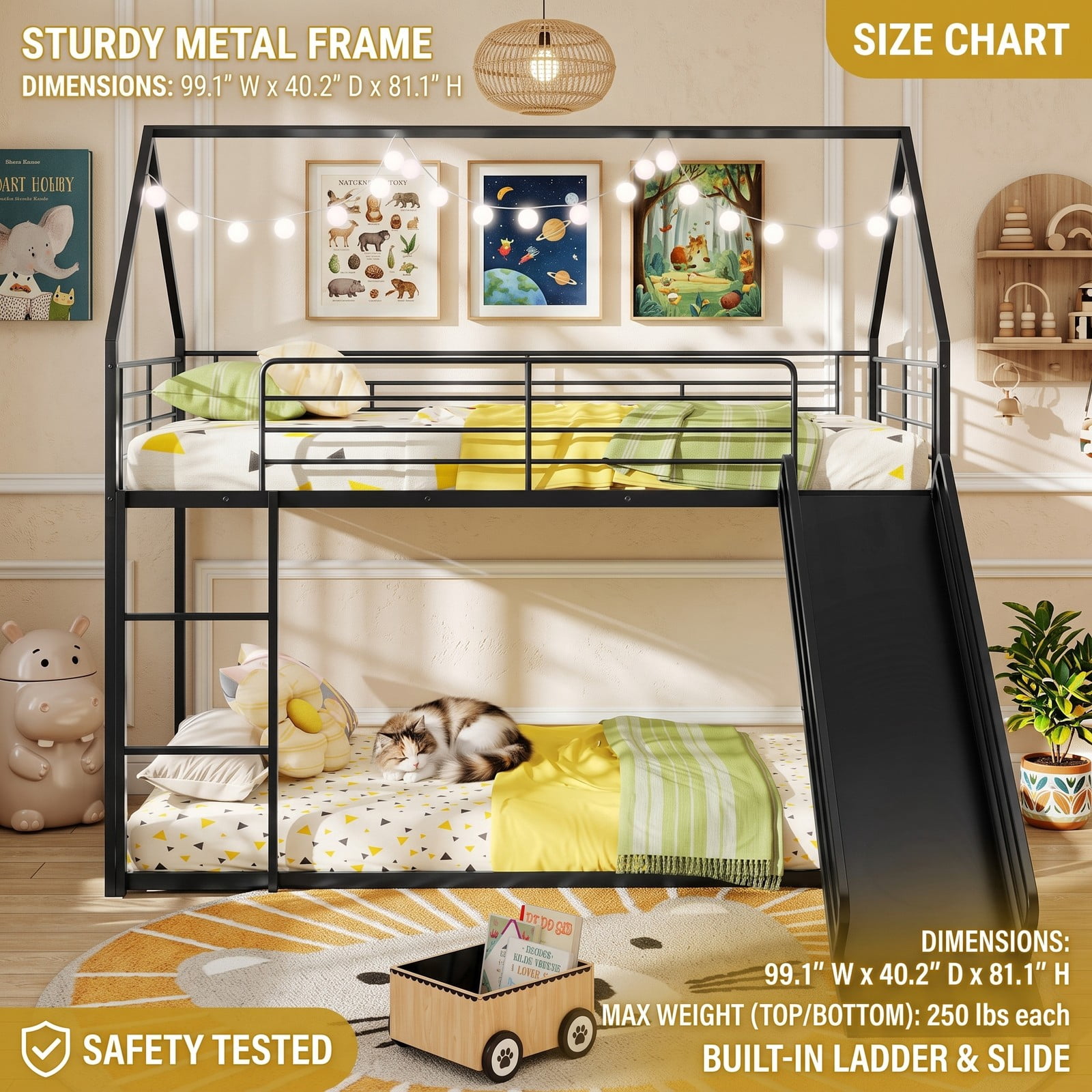Furnibear House-shaped Twin Over Twin Metal Low Bunk Bed with Slide Ladder and Full-length Guardrails for Kids Rooms, Black