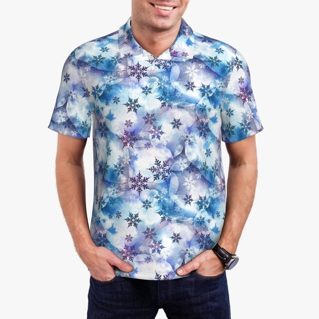 Fotbe Icy Blue Snowflakes Camiseta Polo de Golf para Hombre con Estampado – Camisa Deportiva Transpirable con Cuello Abotonado-Large