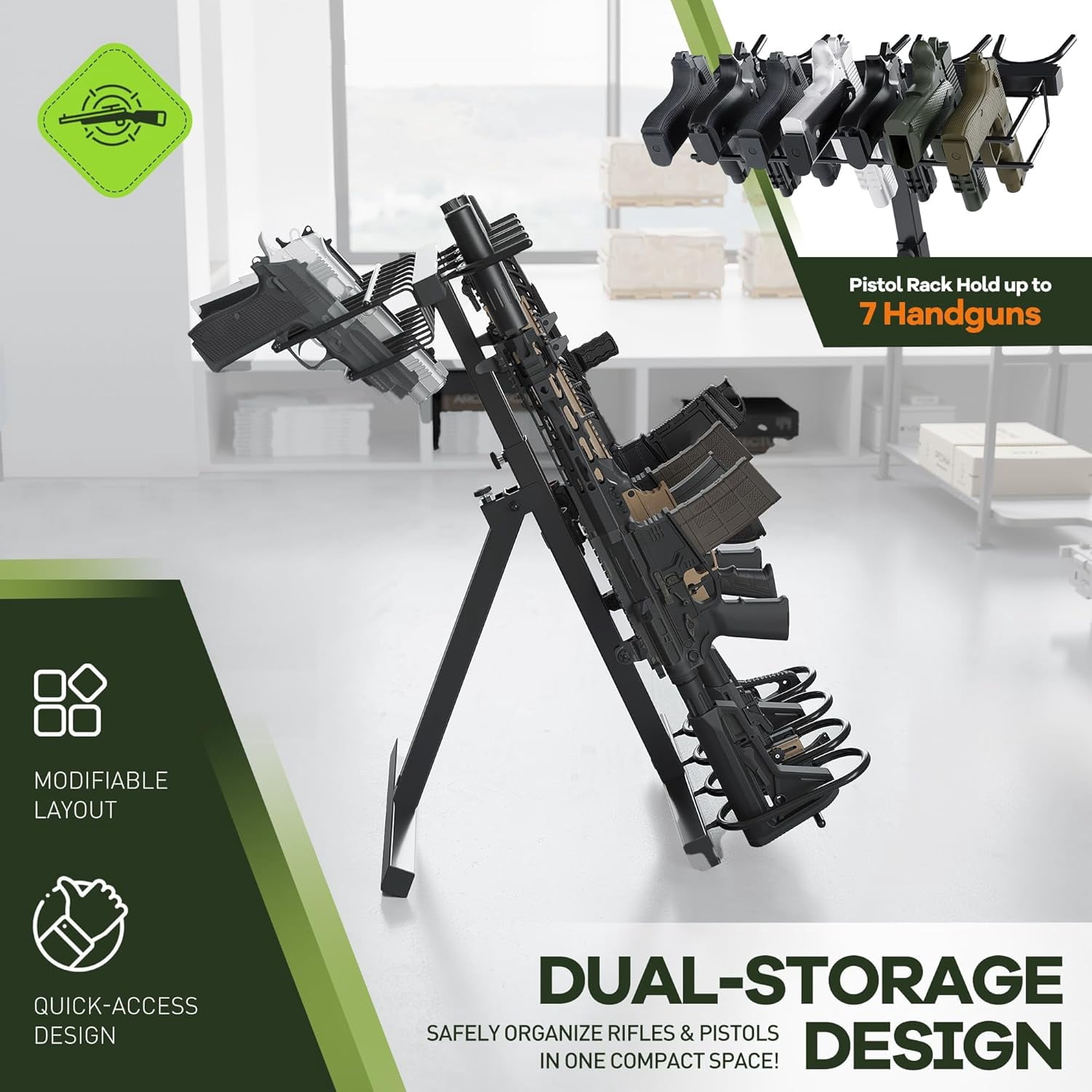Kojem Portable Folding Gun Rack, Heavy Duty Steel Rifle Rack Stand for Shooting & Hunting Range, Holds 4 Rifles & 7 Pistols, Indoor/Outdoor Floor Gun Rack