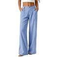 thumbnail image 2 of Women's Casual Solid Color Linen Straight Leg Long Pants, High Waisted Loose Fit with Pockets, Soft Cotton Linen Fabric, Lightweight, Comfortable Elastic Waist, for Beach, Work,, 2 of 7