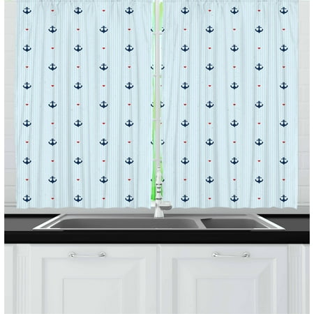 Navy Blue And Red Living Room Anchor Curtains 2 Panels Set, Romantic Nautical Composition with Blue Anchors and Little Red Hearts, Window Drapes for Living Room Bedroom, 55W X 39L Inches, Baby Blue Dark Blue Red, by Ambesonne ()