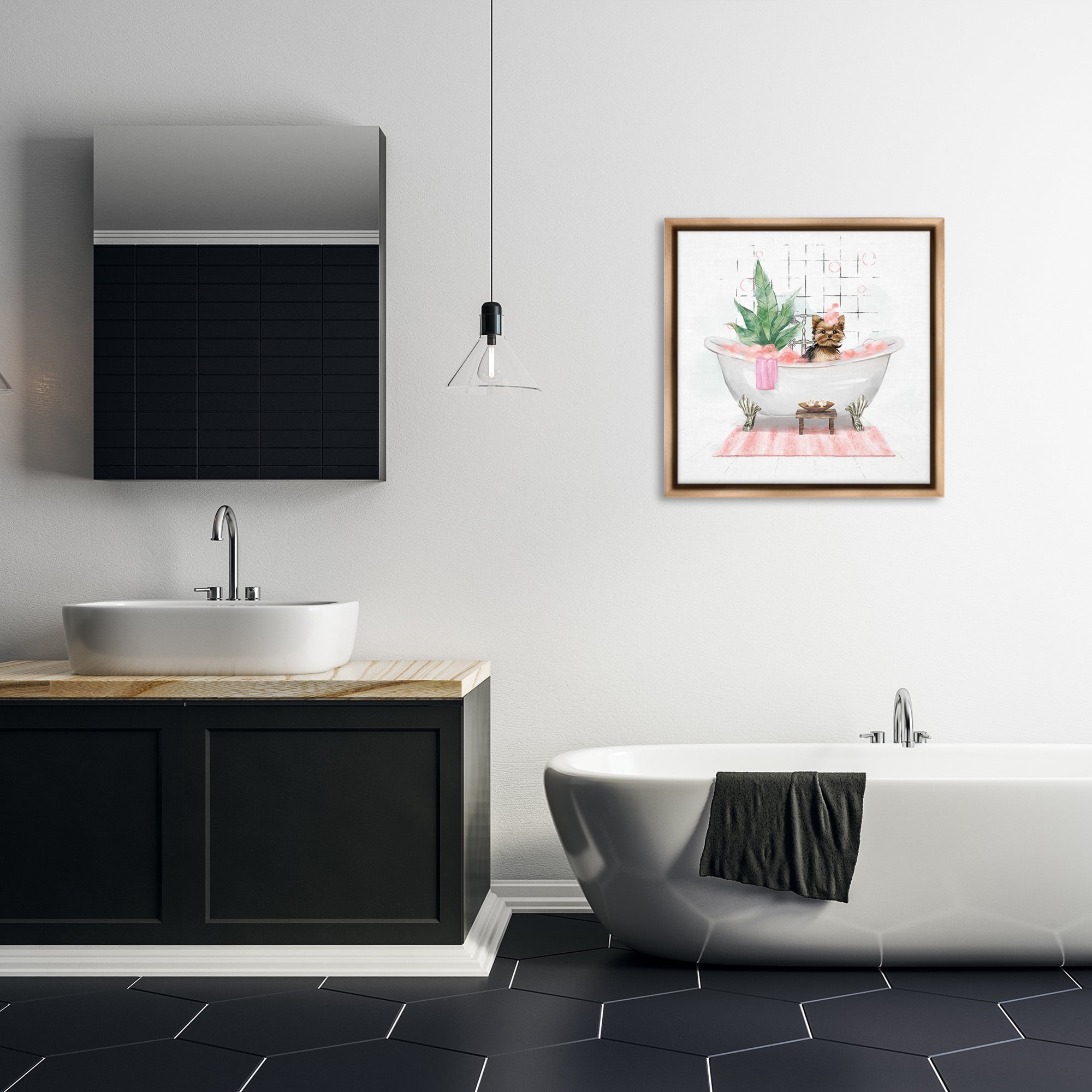 Stupell Industries Chic Yorkie Dog in Bubble Bath Animals & Insects Painting Brown Floater Framed Canvas Art Print Wall Art, 25 x 25