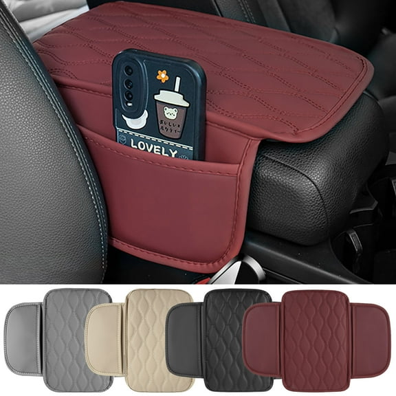 Car Armrest Cover Pad Leather with Side Organizer Bag, Cushioned Universal Fit for Cars SUVs Trucks Vans