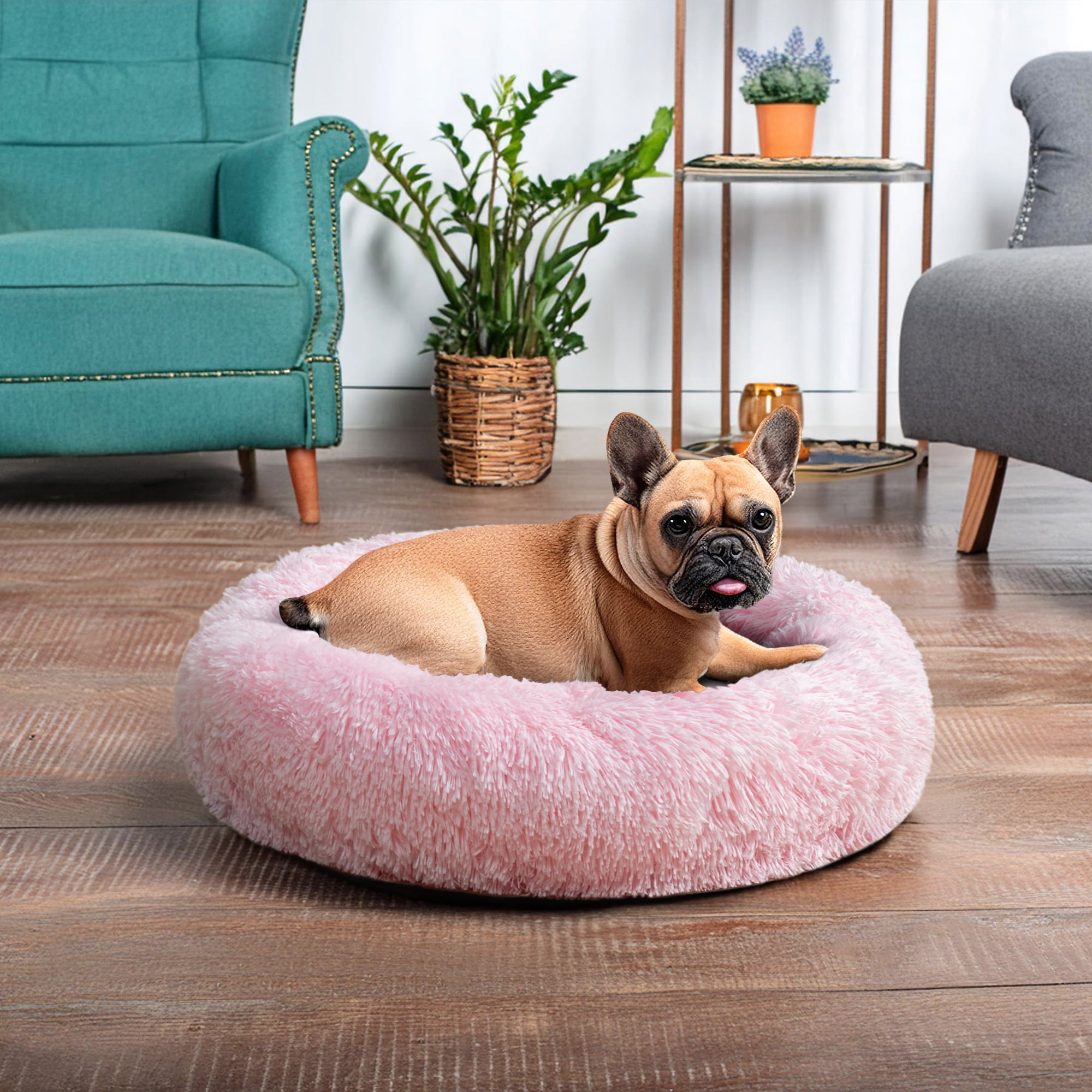 PetAmi Calming Dog Bed for Small & Medium Dogs and Cats, 23 Round Donut Dog Bed, Washable Fluffy Faux Fur Puppy & Cat Bed, Anti-Anxiety Plush Cuddler Pet Bed with Anti-Slip Bottom - Pink