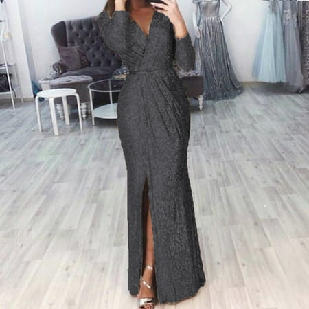 

Women Deep V Neck Sequin Dress with Slit Long Sleeve Club Party Evening Dress For Women Lady