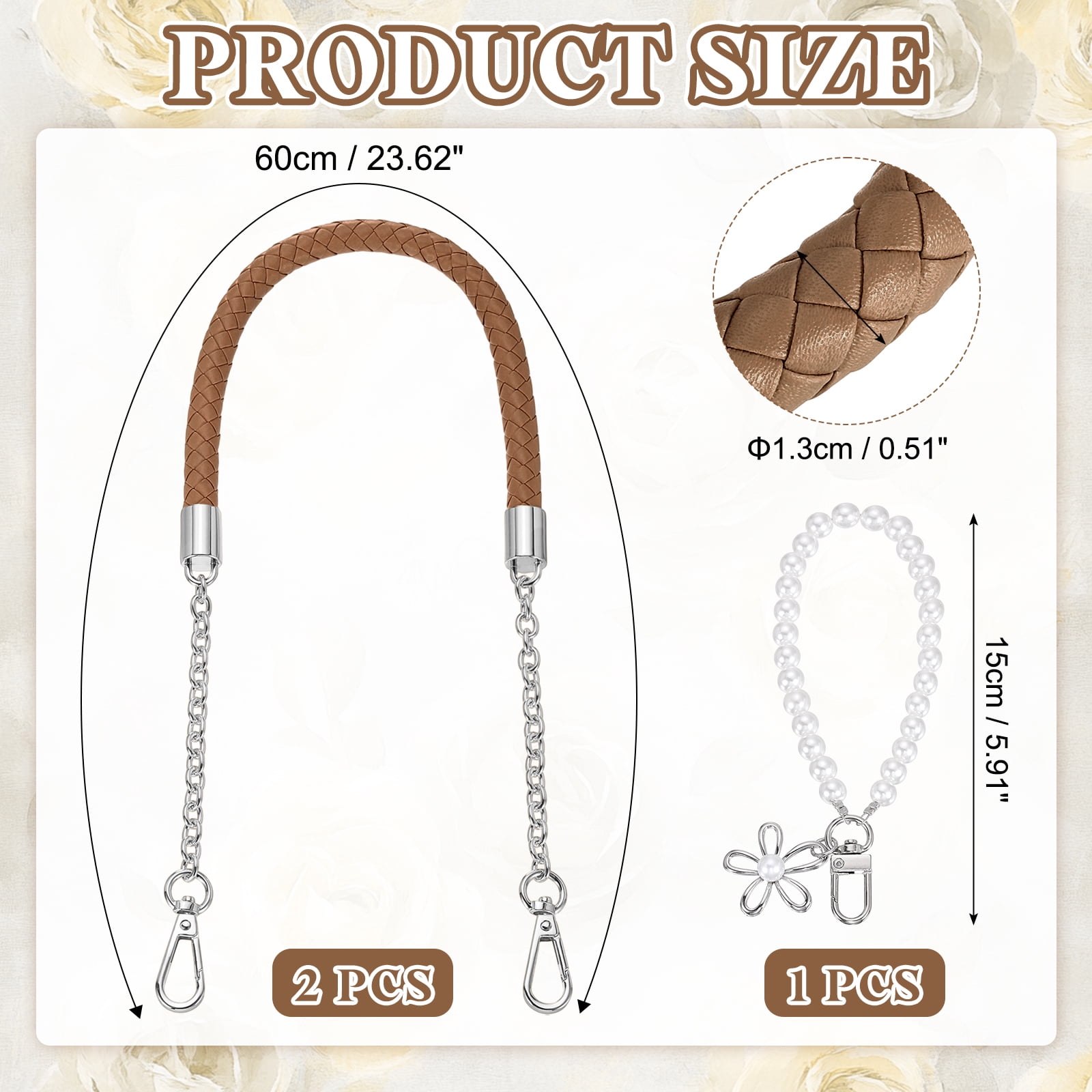 Uxcell 2 Pcs PU Leather Chain Purse Strap, 23.6 Inch Braided Purse Handles Replacement Strap with Pearl Pendant for Tote Bag Handbag Underarm Bag (Coffee, Silver Chain)
