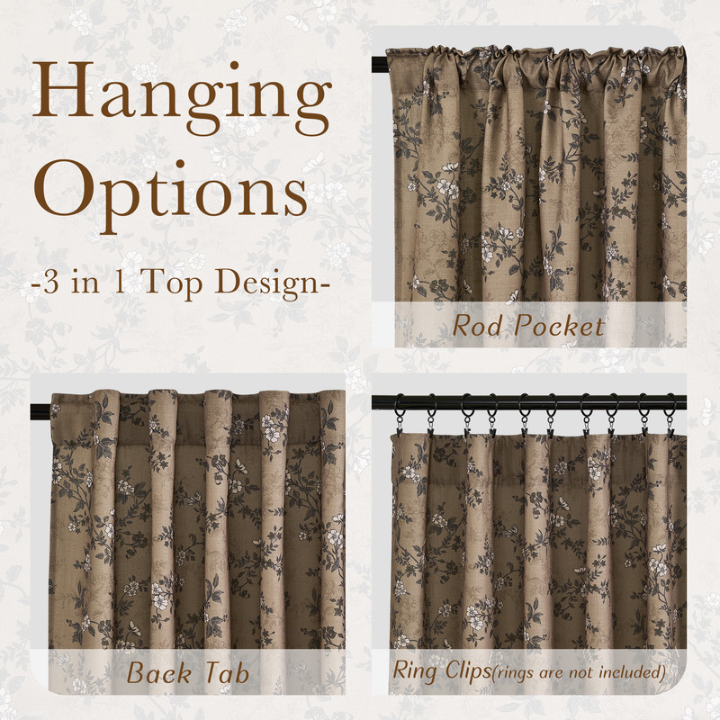 NICETOWN Linen Cotton Curtains for Living Room, Linen Blend Floral Printed Curtains Organic Privacy Drapes Back Tab Light Filtering Farmhouse Curtains, Khaki, 52"x84", 2 Panels