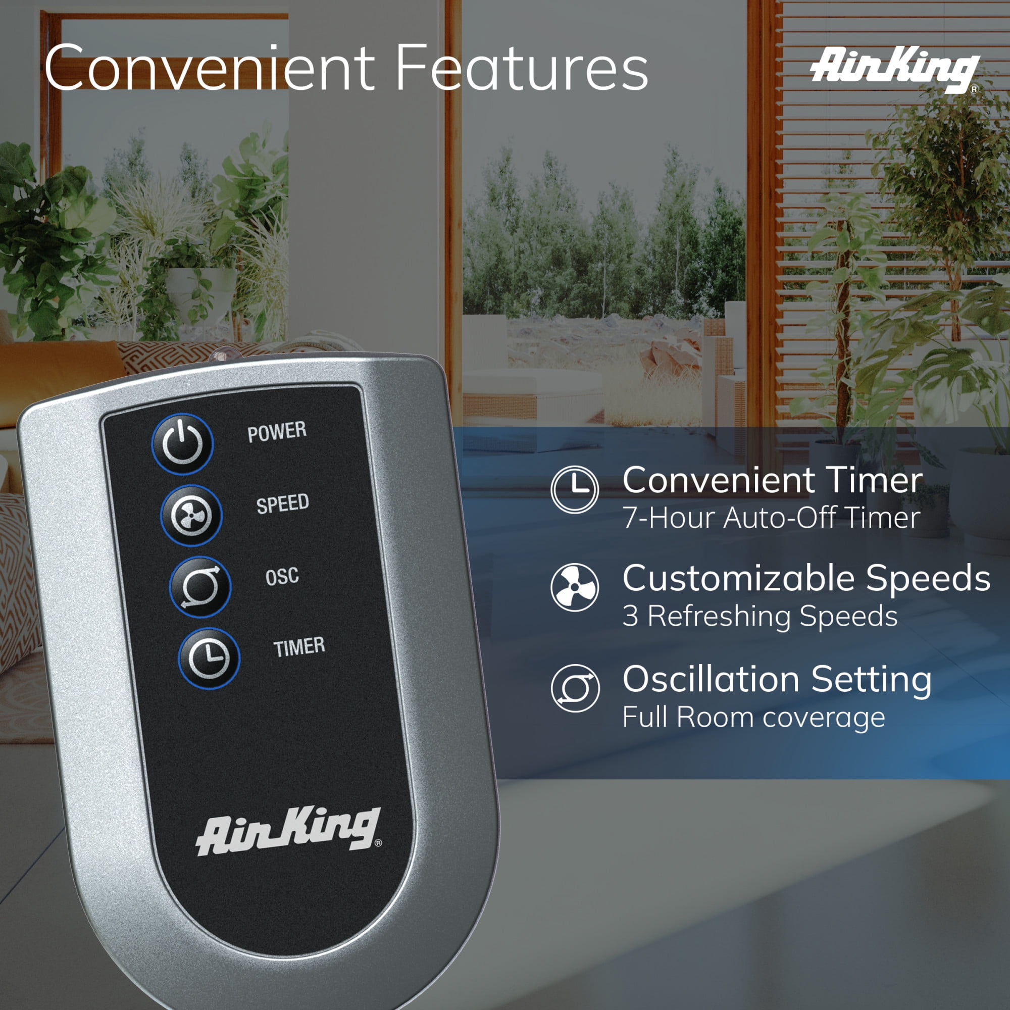 Air King 36" 3-Speed Oscillating Remote Control Tower Fan with Grounded 3-Prong Plug, White 9210