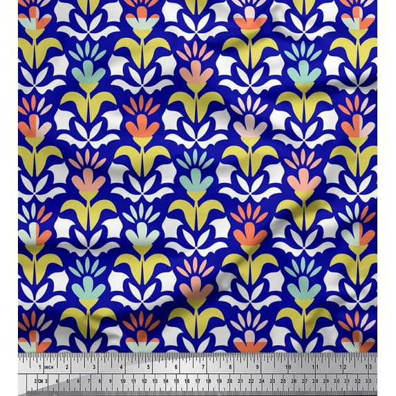 Soimoi Blue Cotton Cambric Fabric Florals Floral Print Sewing Fabric Yard 56 Inch Wide