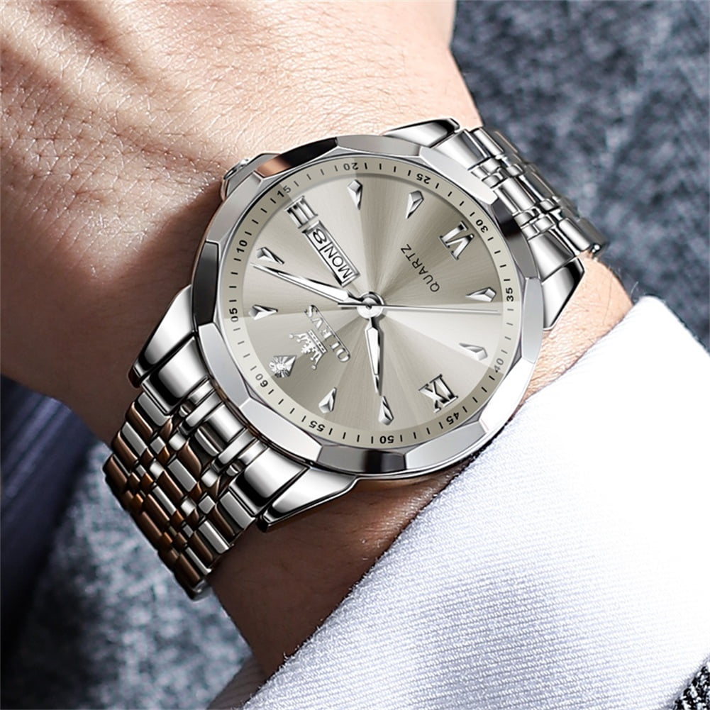 OLEVS Watches for Men Diamond Business Dress Classic Casual Analog Quartz Stainless Steel Waterproof Luminous Date Men Wrist Watches Reloj Para Hombre Gray Dial