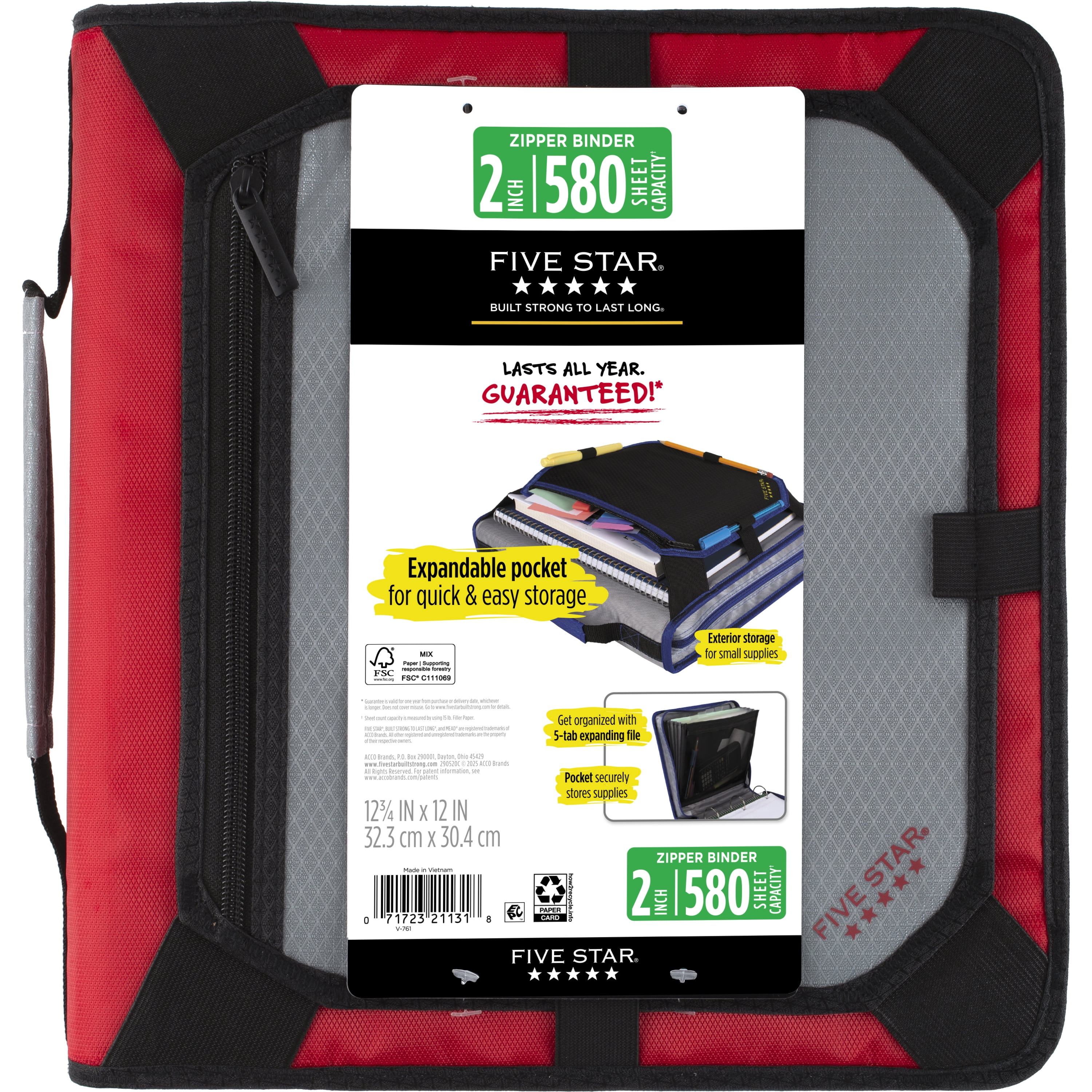 Five Star 2" Red Expanding Zipper Expansion Panel Binder with 5-Tab File System