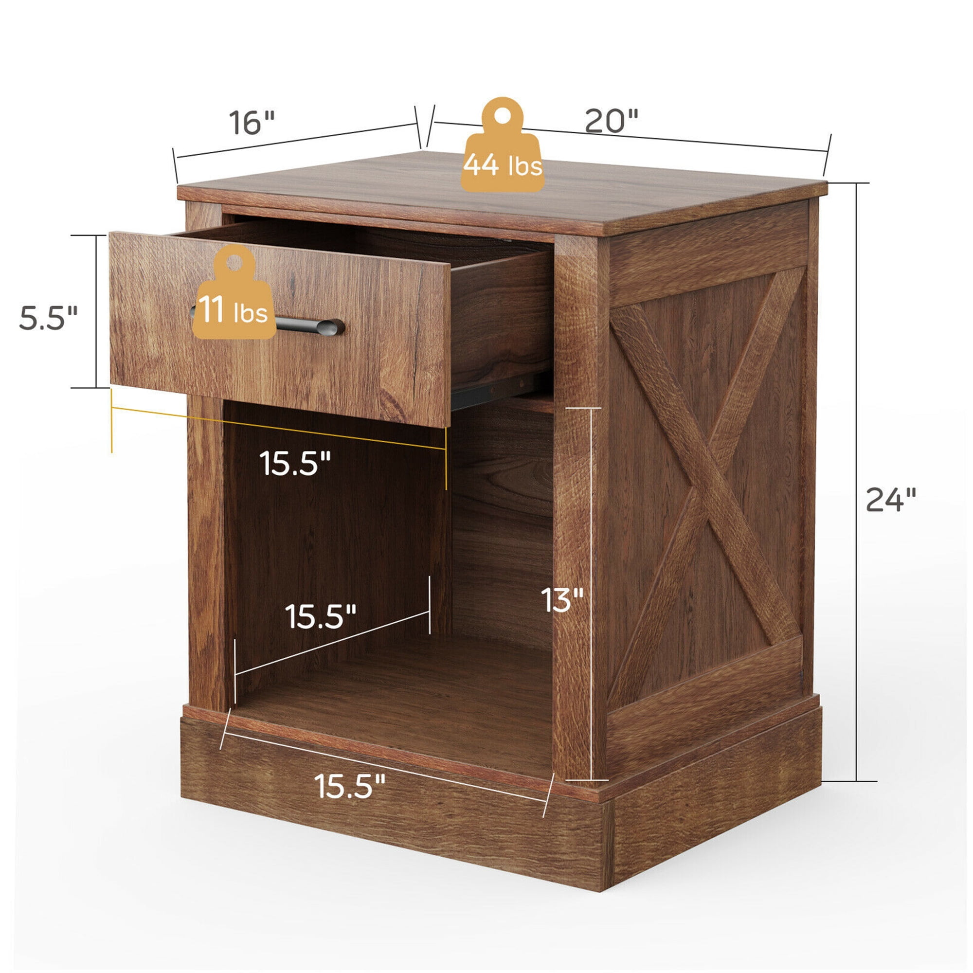 Gymax Brown Nightstand with Drawer and Shelf Rustic Wooden Bedside Table Bedroom
