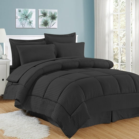 Sweet Home Collection 8 Piece Comforter Set Bag Fashion Design Bed Sheets 2 Pillowcases & 2 Shams & Bed Skirt All Season Warmth, Queen, Dobby Black
