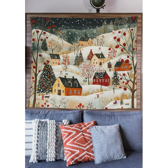 Retro Christmas Village Tapestry Holiday Winter Wall Decor Small Town Snowy Landscape Wall Hanging Vintage Xmas Wall Art Decoration Christmas Gift for Mom