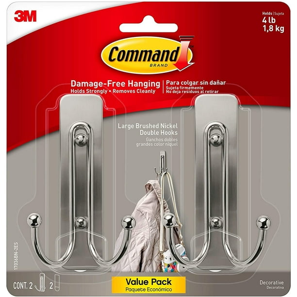 Command Large Wall hooks, 2 Pack, Brushed Nickel, Organize DamageFree