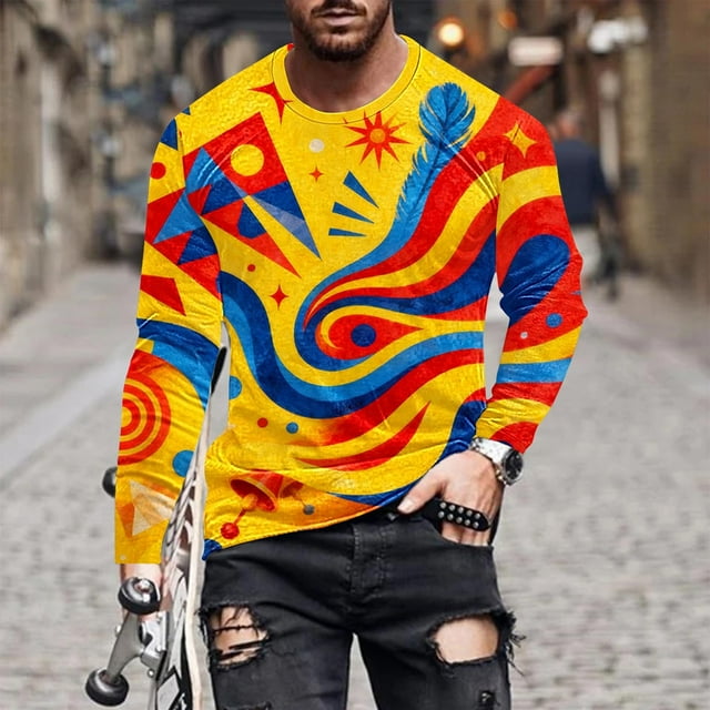 Amzcrzy Sudadera Para Hombre, Moda Para Hombre, Estampado De Carnaval, Blusa De Manga Larga Y Cuello Redondo, Amarilla, Xl